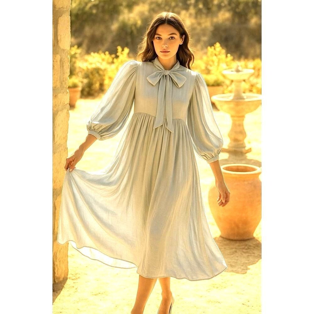 Jens Pirate Booty Womens XS Silver Silk Blend Puff Sleeve Boho Maxi Dress Blue